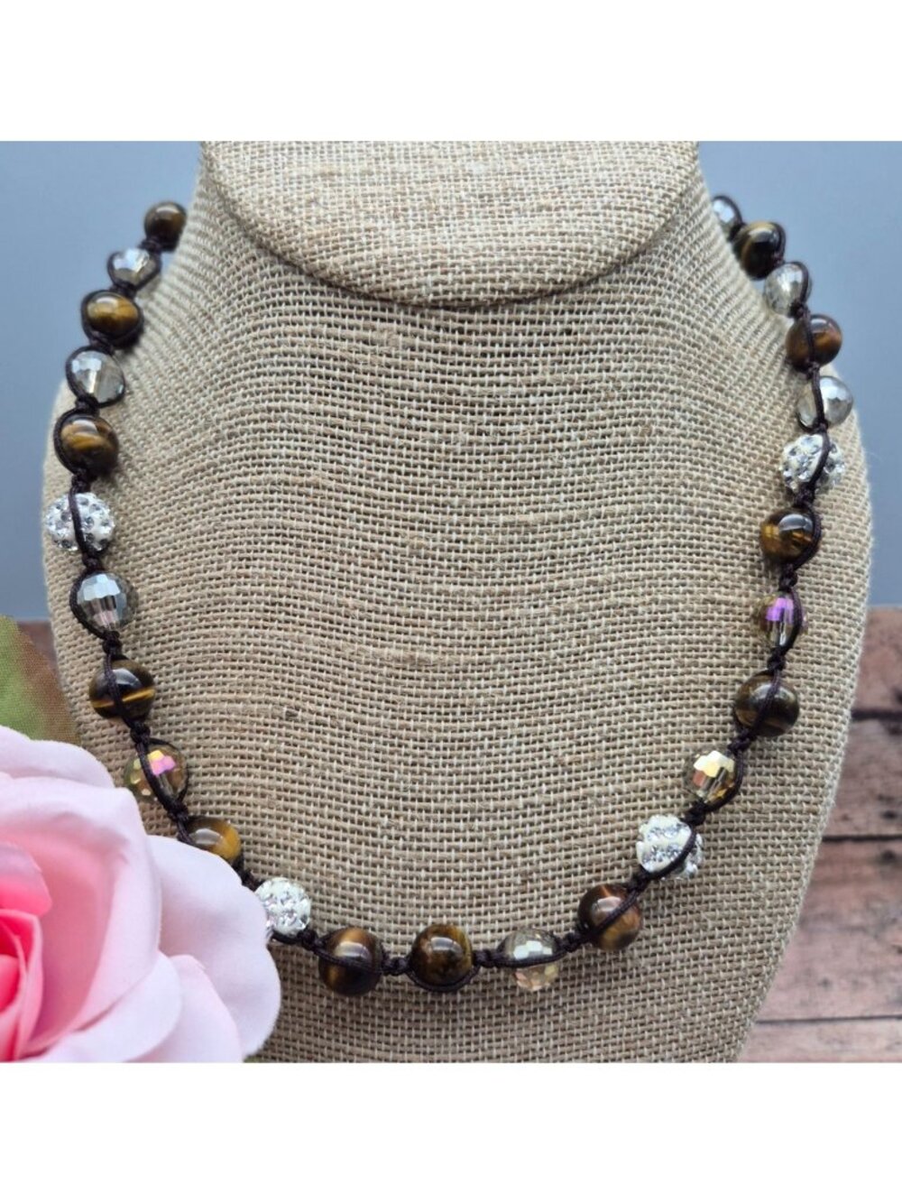 NWOT Tiger's Eye Shamballa & Faceted Crystal Boho Cord Necklace One Size Unisex